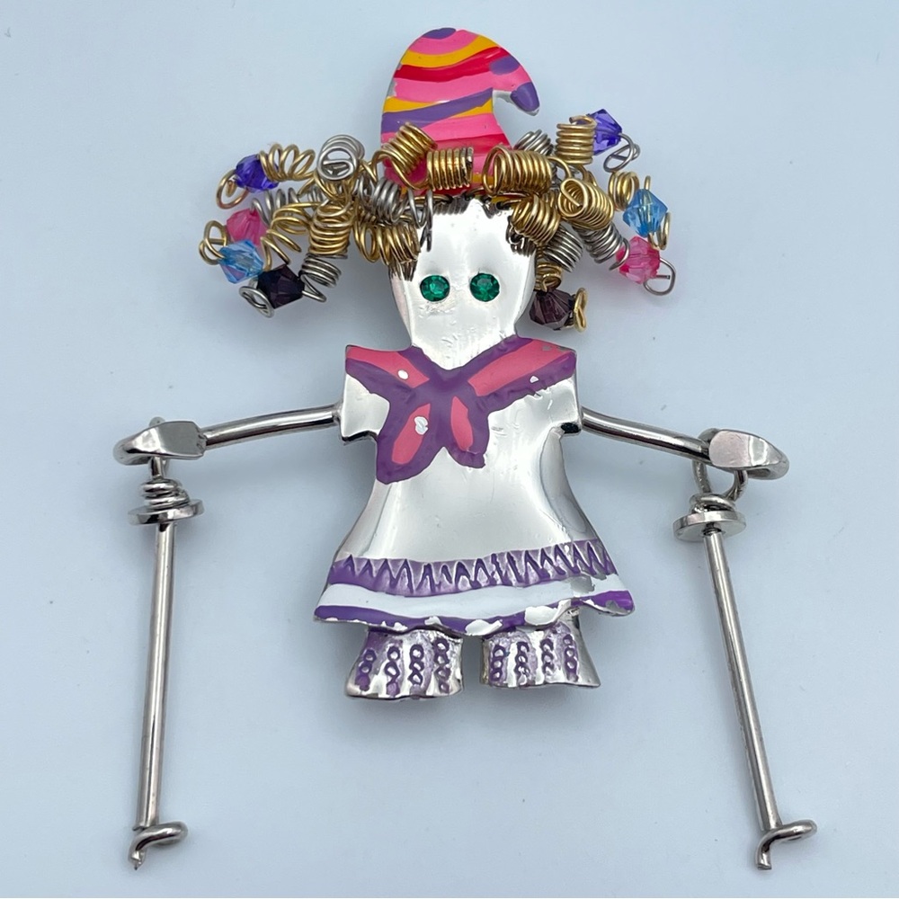 Ganz Carrette Skiing Girl Brooch Articulated Whimsical Pin